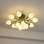 Glowing warm beneath a cove moulding, this Clérachic ceiling light in green is seen at an angle from below.
