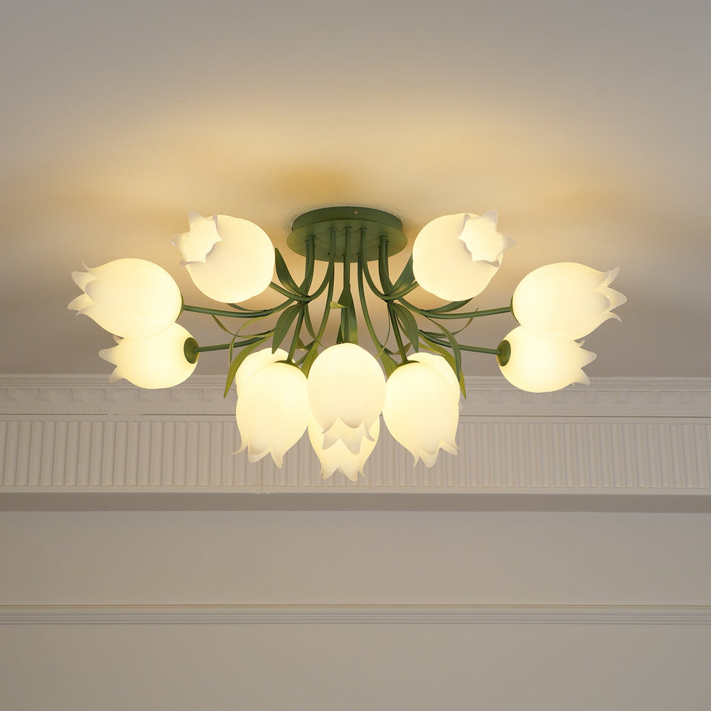 Glowing warm beneath a cove moulding, this Clérachic ceiling light in green is framed wider than the previous lit view.