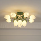 Glowing warm beneath a cove moulding, this Clérachic ceiling light in green is framed wider than the previous lit view.