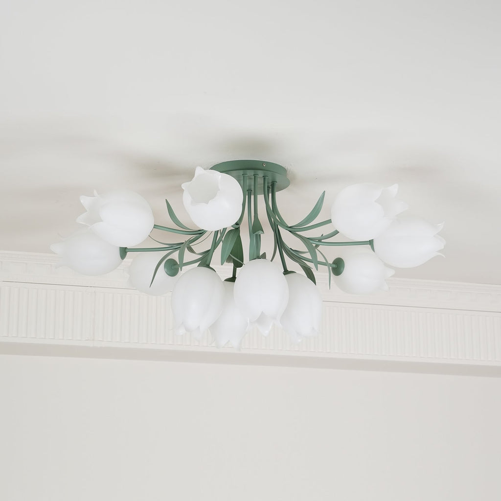 Partly cropped in this view, this Clérachic ceiling light in green shows a portion of its unlit cluster of shades.