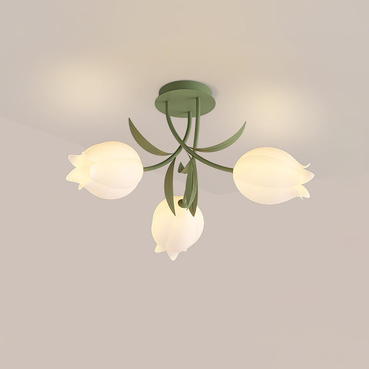 A closer view of this Clérachic ceiling light in green on a plain grey background, its stems and leaves visible at the top.