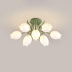 Set against a grey background, this Clérachic ceiling light in green shows its shades arranged in a wide circle.