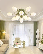 In a living room with green-trimmed curtains, this Clérachic ceiling light in green hangs above a cushioned sofa.