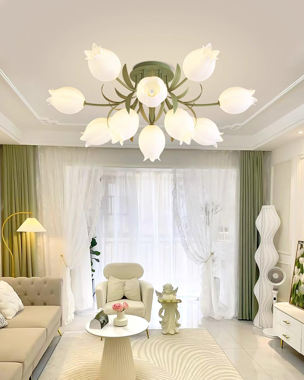 In a living room with green-trimmed curtains, this Clérachic ceiling light in green hangs above a cushioned sofa.