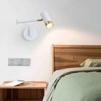Black and gold swing arm wall lamp mounted near a bed