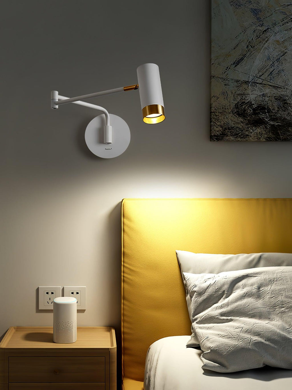 Adjustable swing arm wall lamp with shade angled down