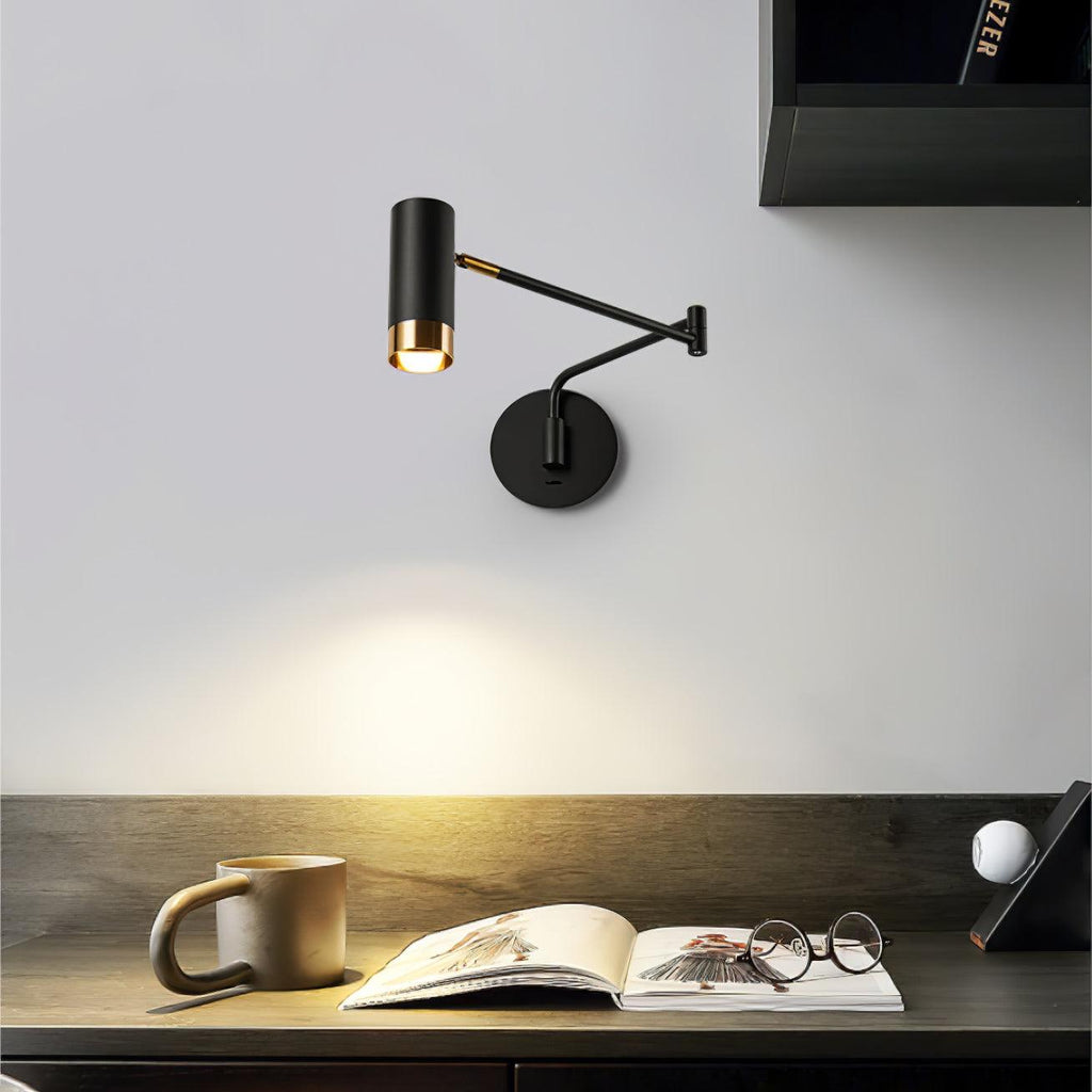 Swing arm wall lamp casting warm light over a chair
