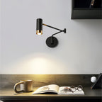 Swing arm wall lamp casting warm light over a chair