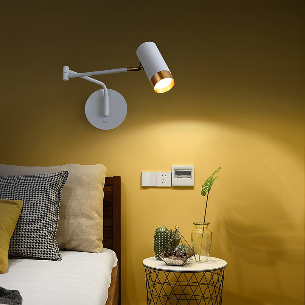 White and gold swing arm wall lamp with arm folded in