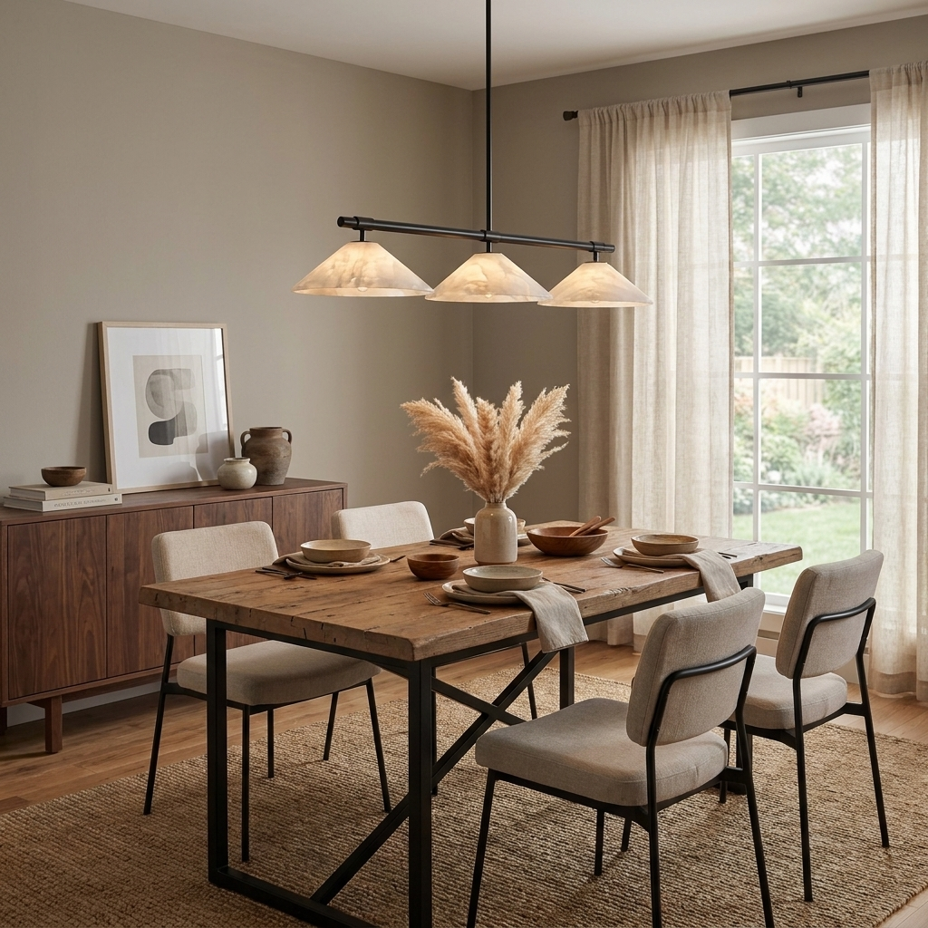 This Clérachic chandelier in matte black lights a rustic wood dining table with a walnut sideboard nearby.