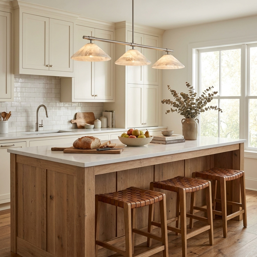 This Clérachic chandelier in brass lights a white kitchen island lined with tan leather stools.