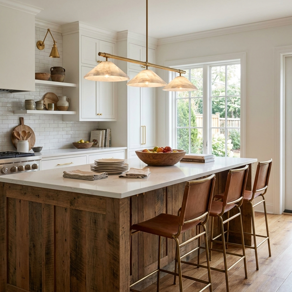 Open wood shelving and leather stools sit beneath this brass Clérachic chandelier in a white kitchen.