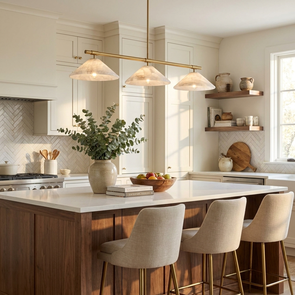 Fresh eucalyptus sits on a herringbone-tiled kitchen island beneath this brass Clérachic chandelier.