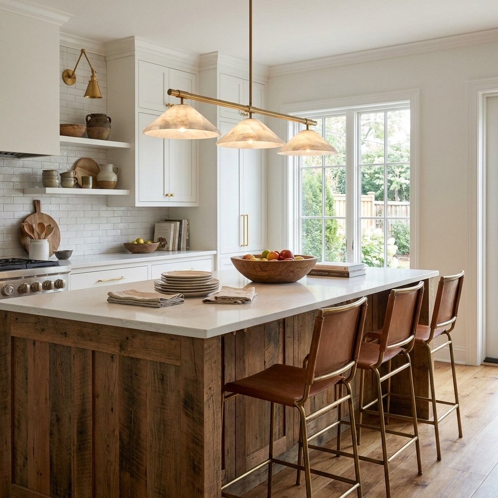 A wood-fronted kitchen island holds a fruit bowl beneath this brass Clérachic chandelier.