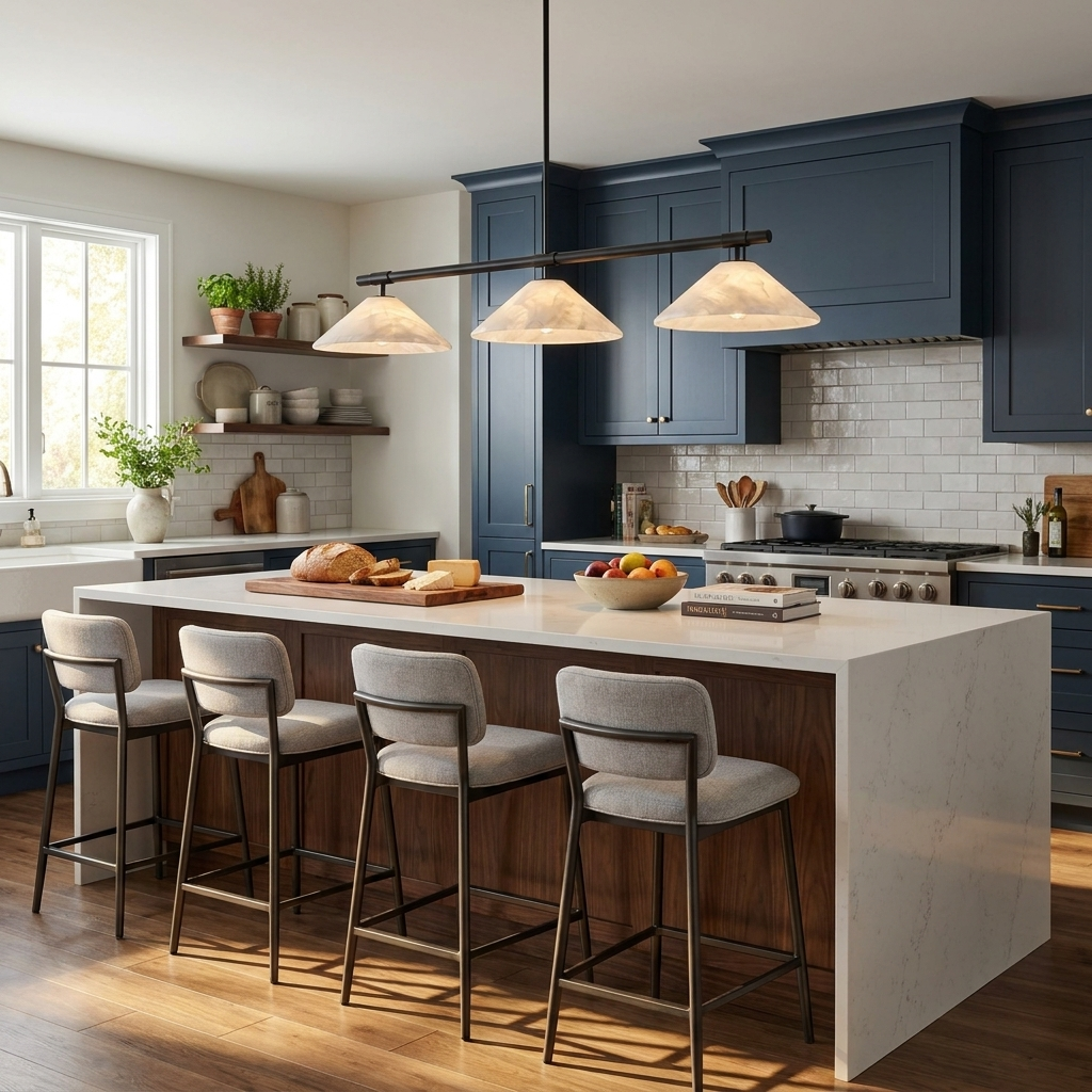This Clérachic chandelier in matte black lights a navy-cabinet kitchen island with grey stools.