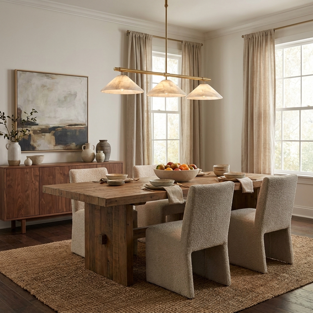 Curtains and a walnut sideboard frame this brass Clérachic chandelier above a set dining table.