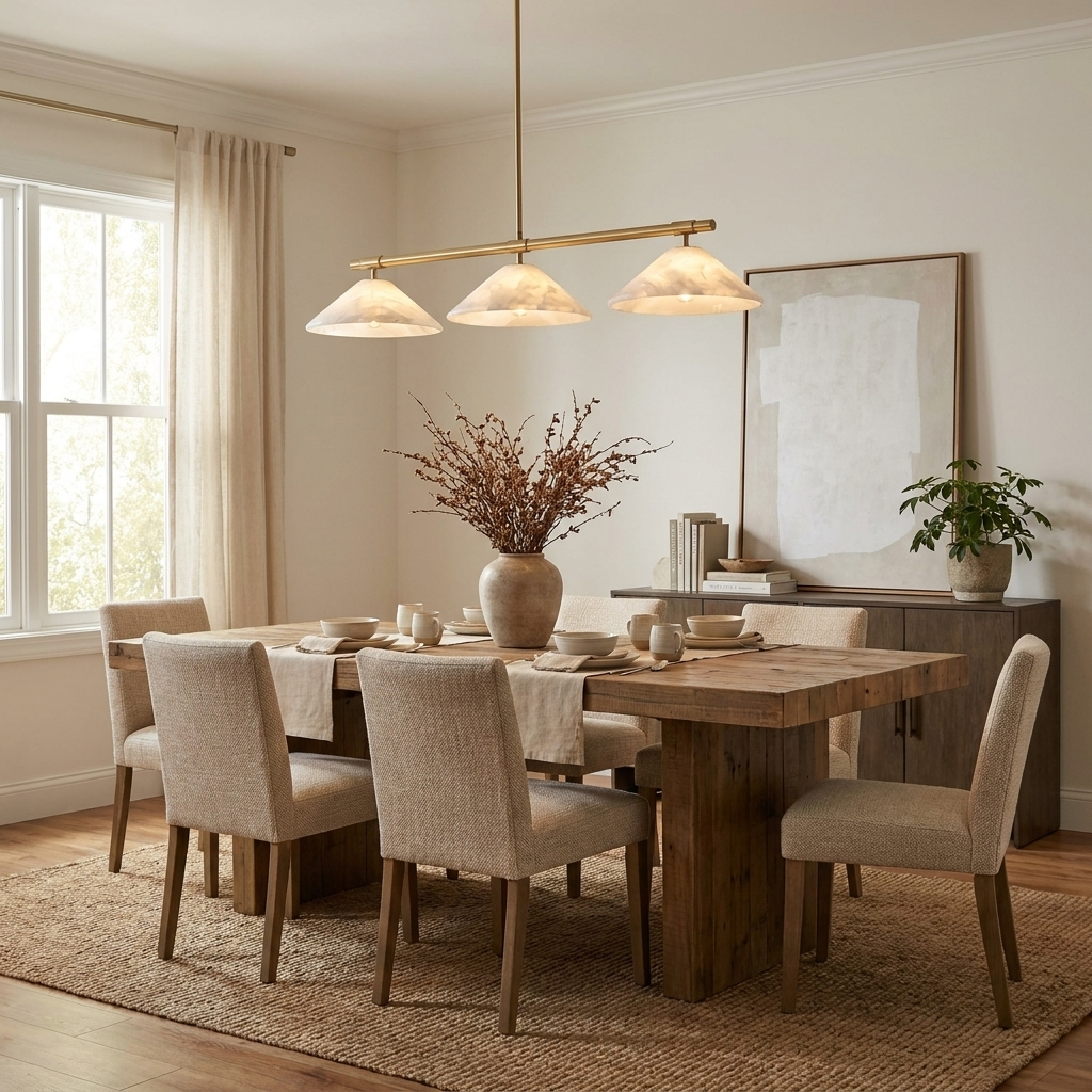 Beige walls and a framed sketch surround this brass Clérachic chandelier above a wood dining table.