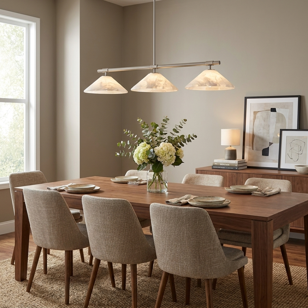 This Clérachic chandelier in brushed nickel lights a dining table set with white flowers.