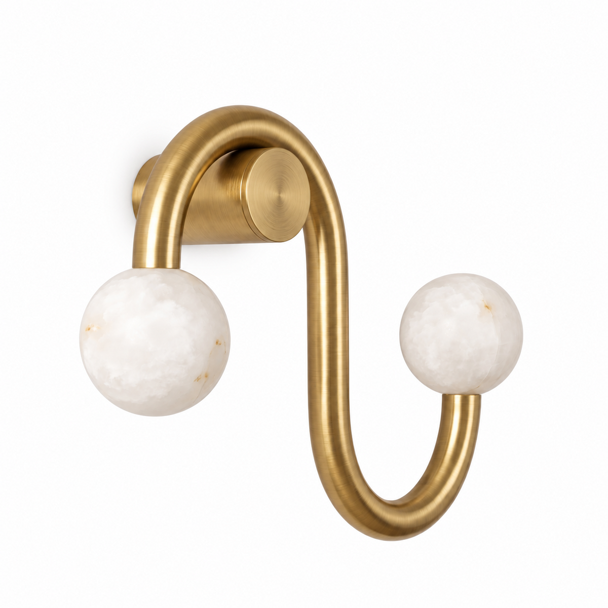 From a slightly different angle on white, this Clérachic sconce's brass tube dips and rises between its two globes.