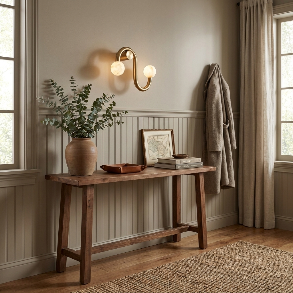 In an entryway with a wooden bench and a hanging robe, this Clérachic sconce's brass finish lights the wainscoted wall.