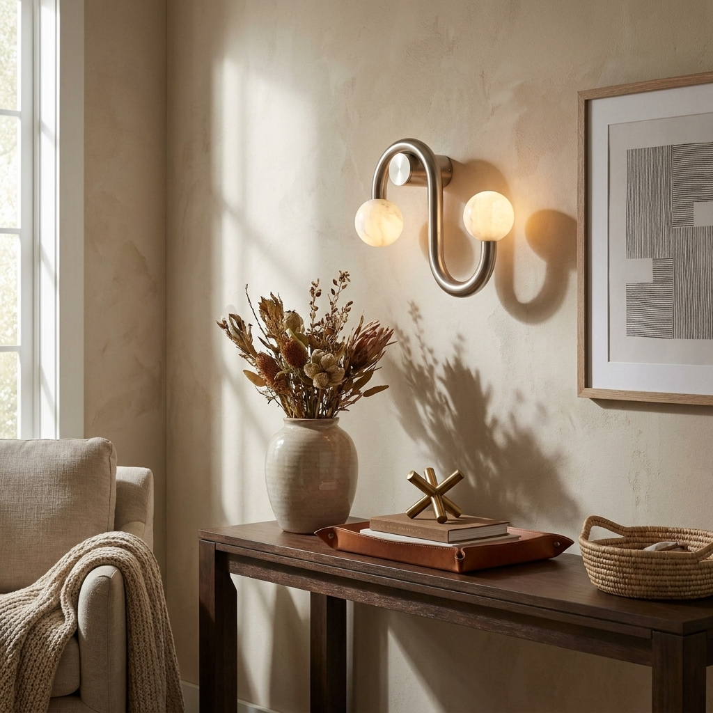 Above a console table beside an upholstered armchair, this Clérachic sconce's nickel S-curve holds two glowing alabaster globes.