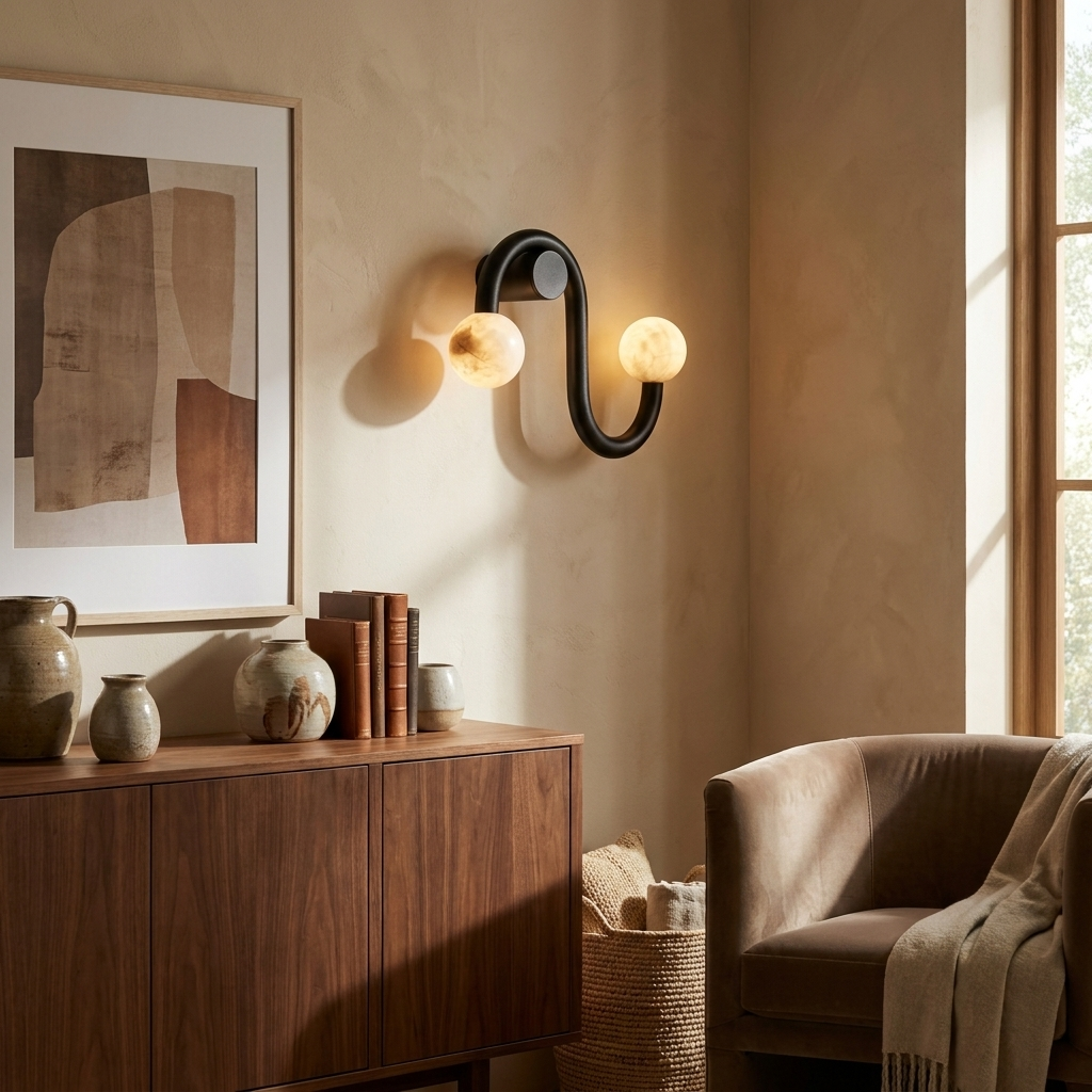 Above a walnut sideboard with framed art nearby, this Clérachic sconce's black finish glows beside an armchair.