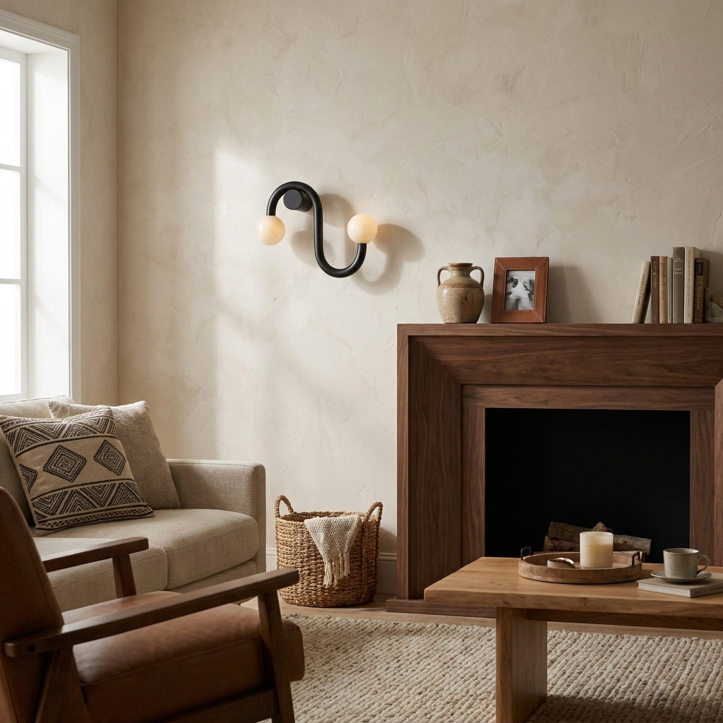 Beside a wood-framed fireplace and an upholstered armchair, this Clérachic sconce's black finish glows warmly.