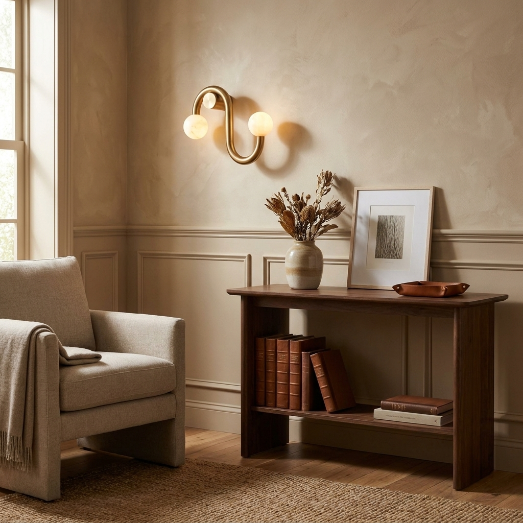 Over a wainscoted wall above a console table, this Clérachic sconce's brass finish glows beside an armchair.