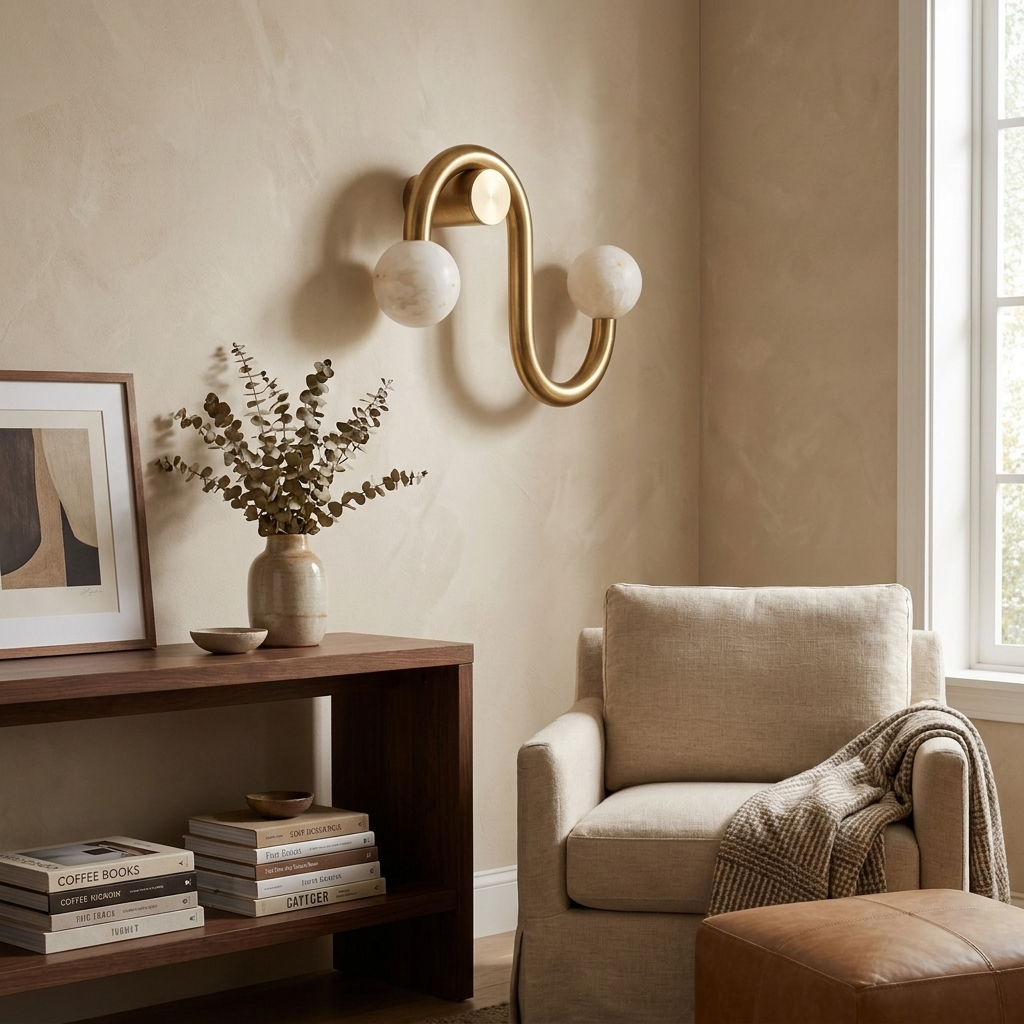 Next to a low bookshelf stacked with books, this Clérachic sconce's brass finish lights a nook beside an armchair.