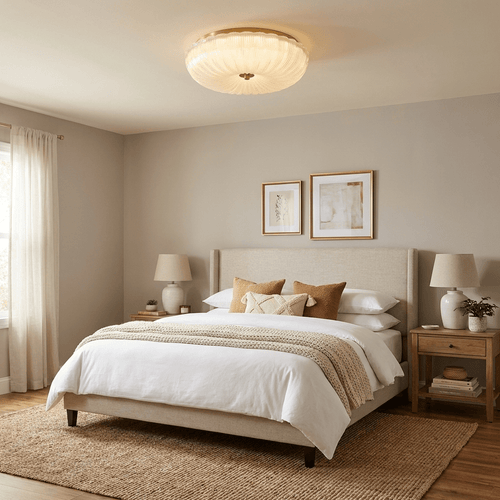Frosted glass ceiling light casting an even warm glow
