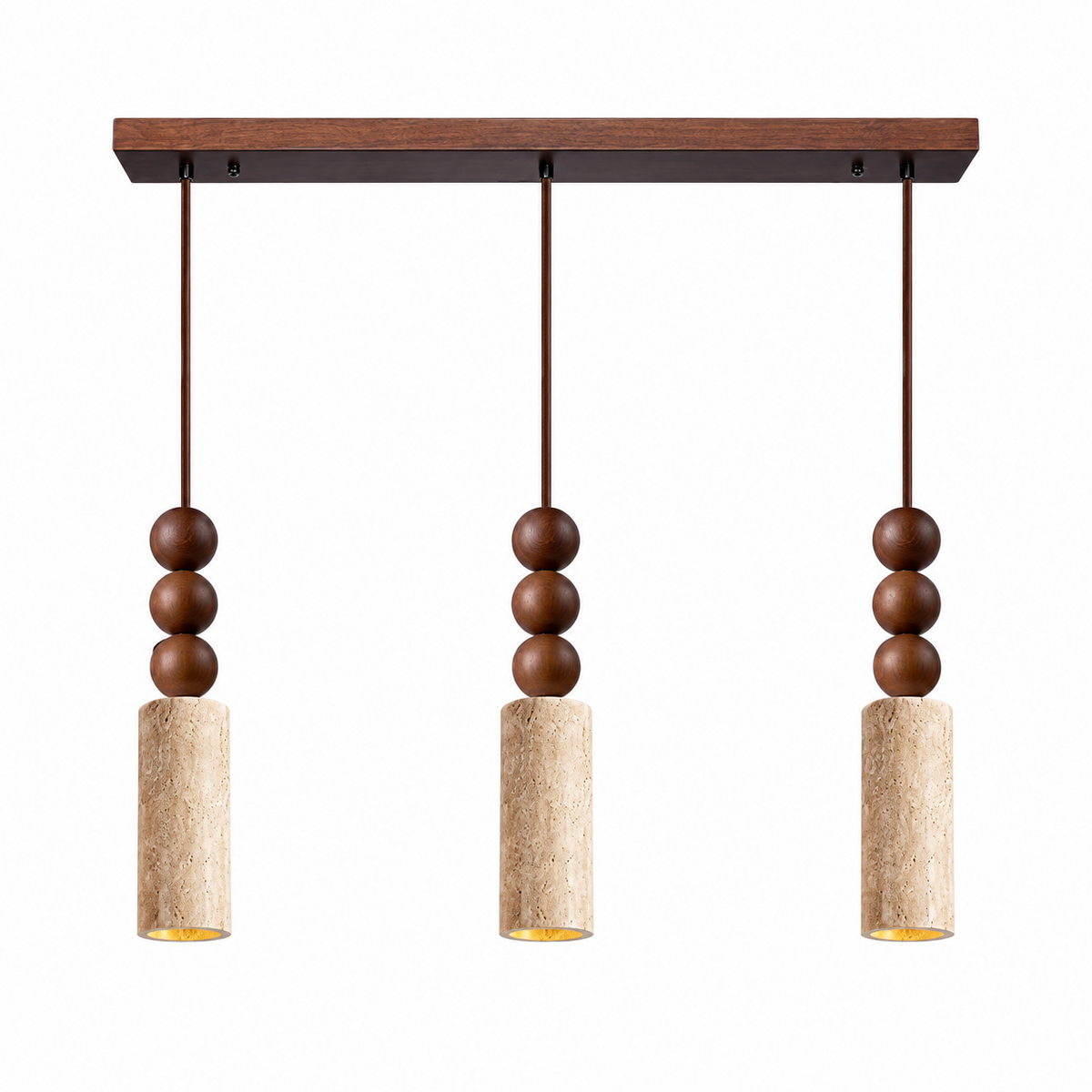 Three Clérachic pendants hang from a single wood canopy, each travertine cylinder topped with stacked wood beads, shown on white.