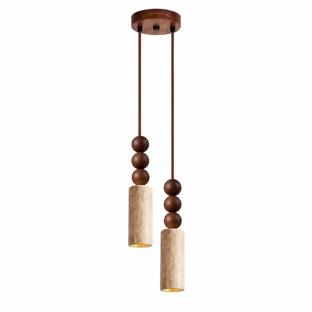 Two Clérachic pendants of different lengths hang from a round wood canopy, their travertine cylinders shown unlit on white.