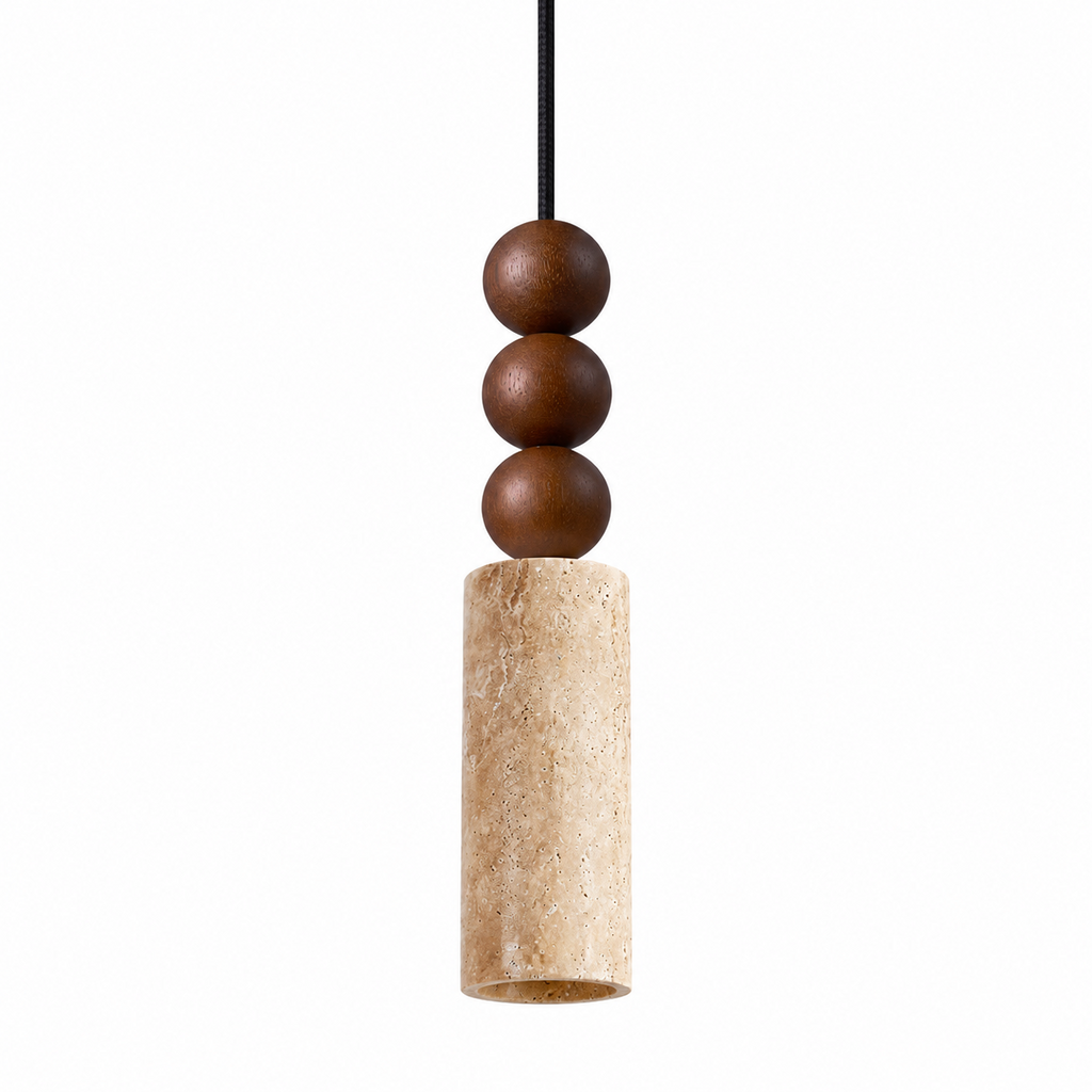 A single Clérachic pendant, its travertine cylinder topped with three stacked wood beads, shown hanging against white.