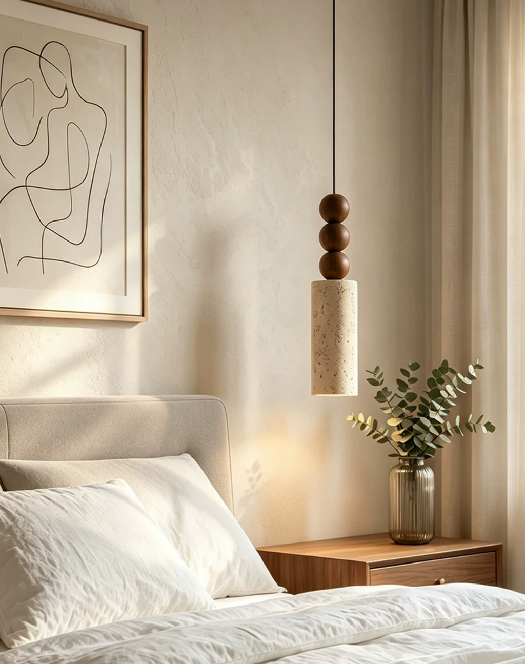 Beside a bed with a eucalyptus stem in a glass vase, this Clérachic pendant glows warm above the nightstand.