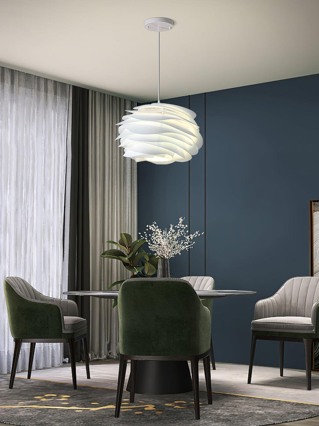 White rose floral pendant light lit in a dining area