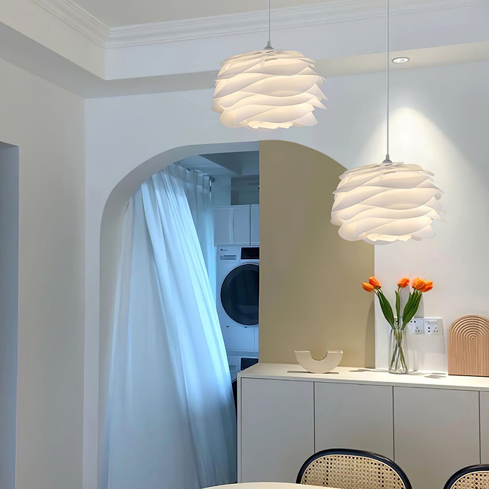 Floral pendant light close-up showing white PVC petals