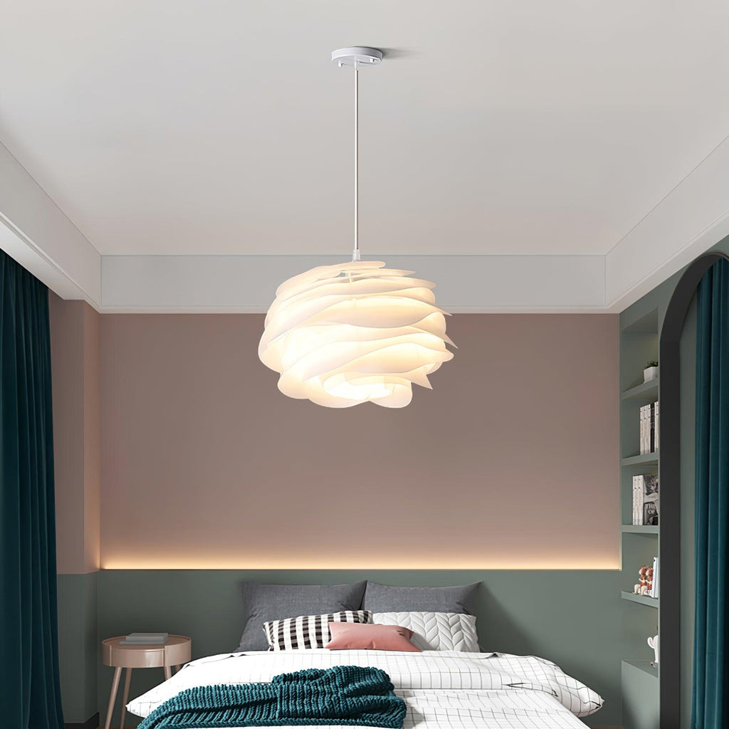 White rose pendant light detail against a soft background