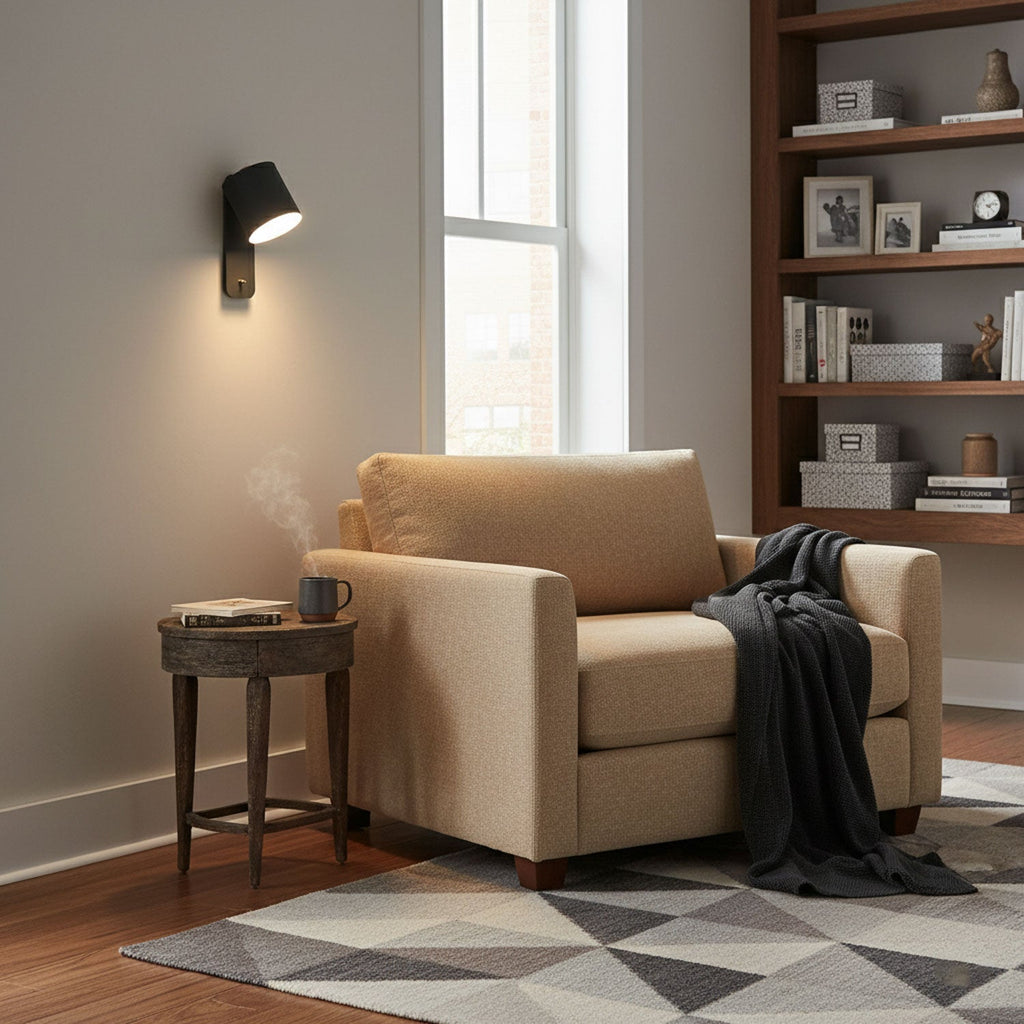 Cylinder wall lamp shown lighting a contemporary room