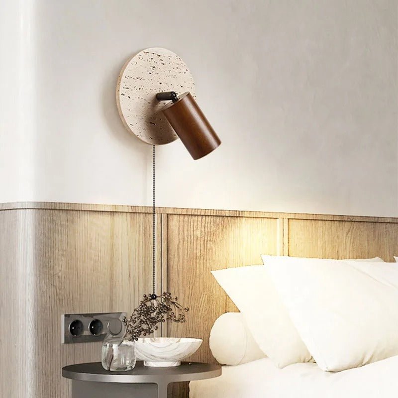 Rotatable LED Wall Sconce In Travertine And Wood 1 Light