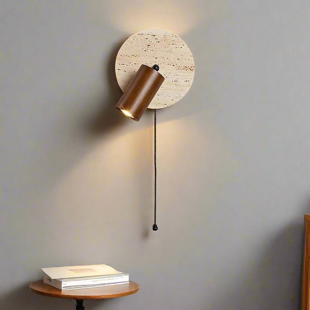 Rotatable LED Wall Sconce In Travertine And Wood 1 Light