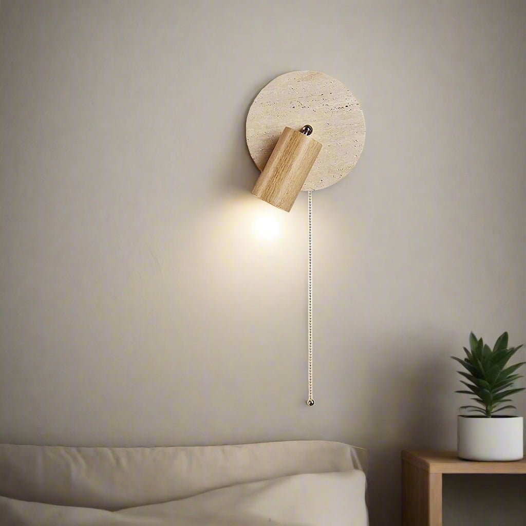 Rotatable LED Wall Sconce In Travertine And Wood 1 Light