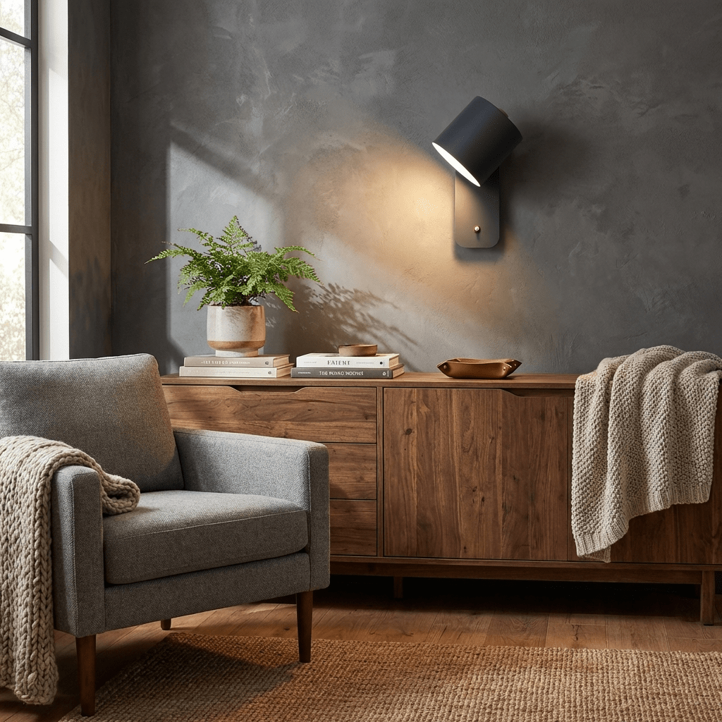 Wall lamp with rotating cylinder shade and brass accent