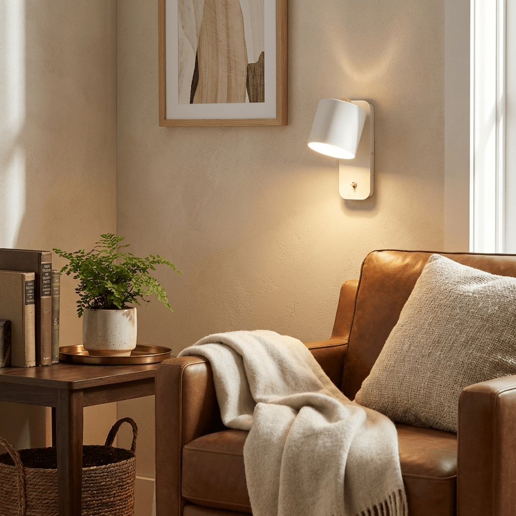 Compact metal wall lamp with cylinder shade on a wall