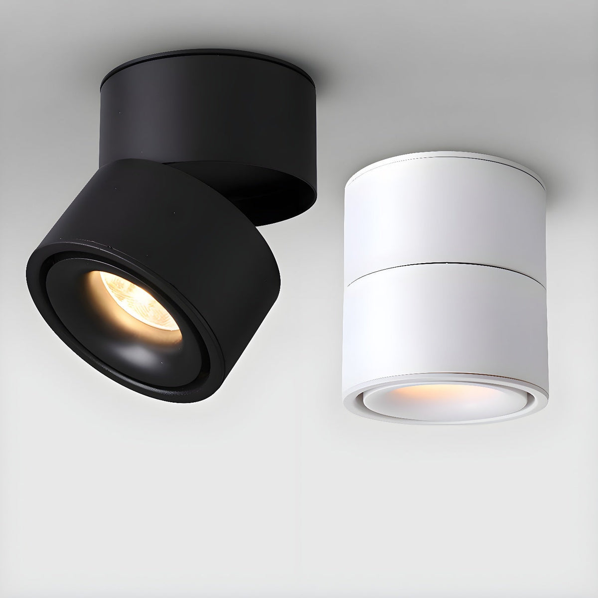 Black and white finishes of this Clérachic spotlight sit side by side, one angled and one straight down.