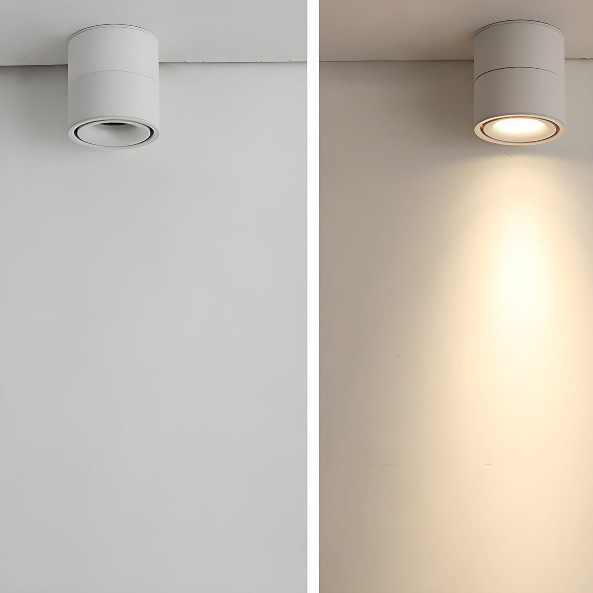 Two views of this white Clérachic spotlight: mounted plain on a wall, then lit with its beam angled down.