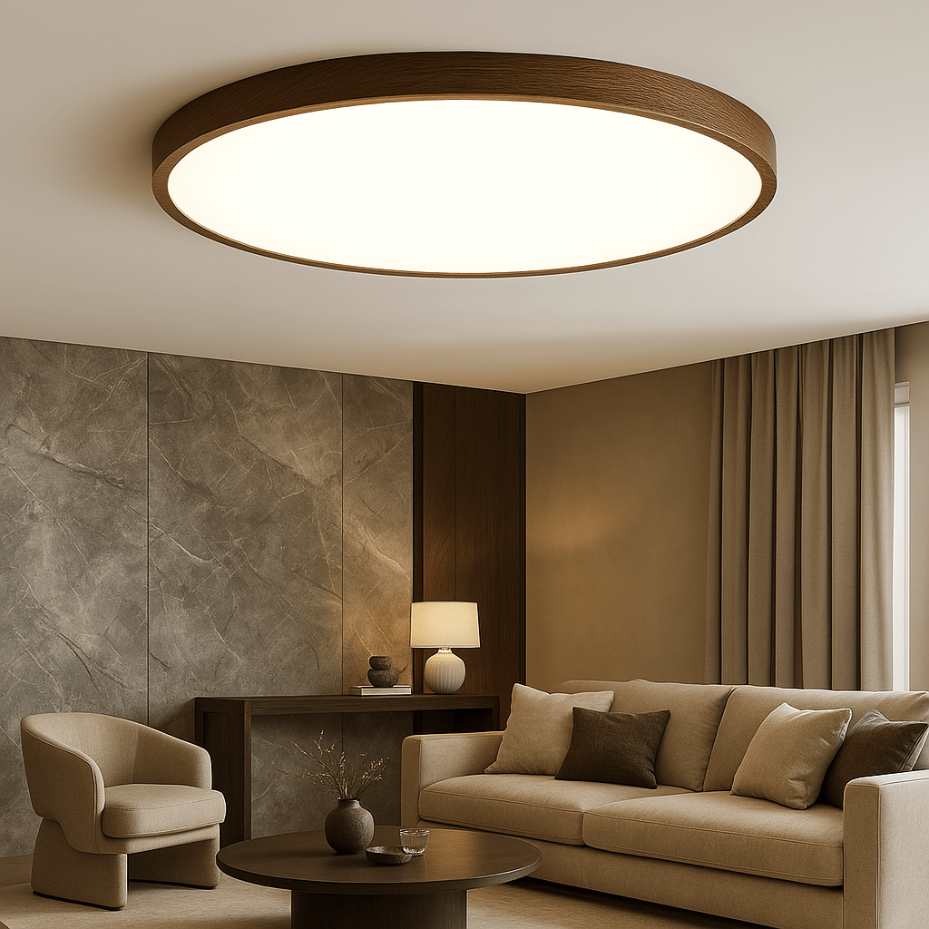 12 Inch Diameter Round Ceiling Light With Wood Trim, Flush Mount