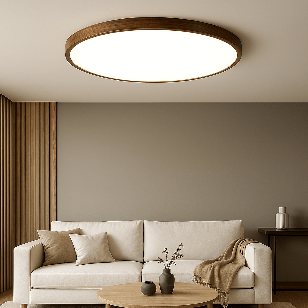 12 Inch Diameter Round Ceiling Light With Wood Trim, Flush Mount