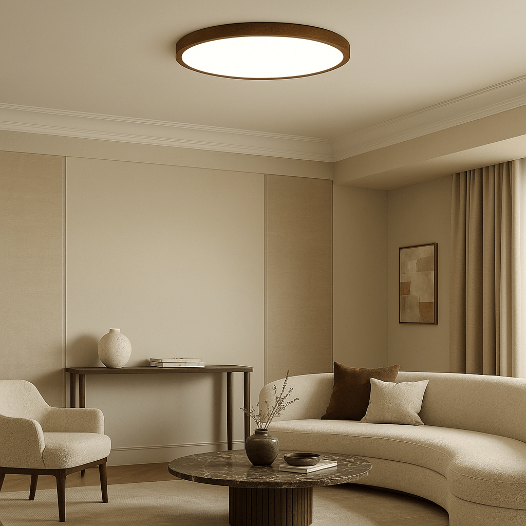 12 Inch Diameter Round Ceiling Light With Wood Trim, Flush Mount