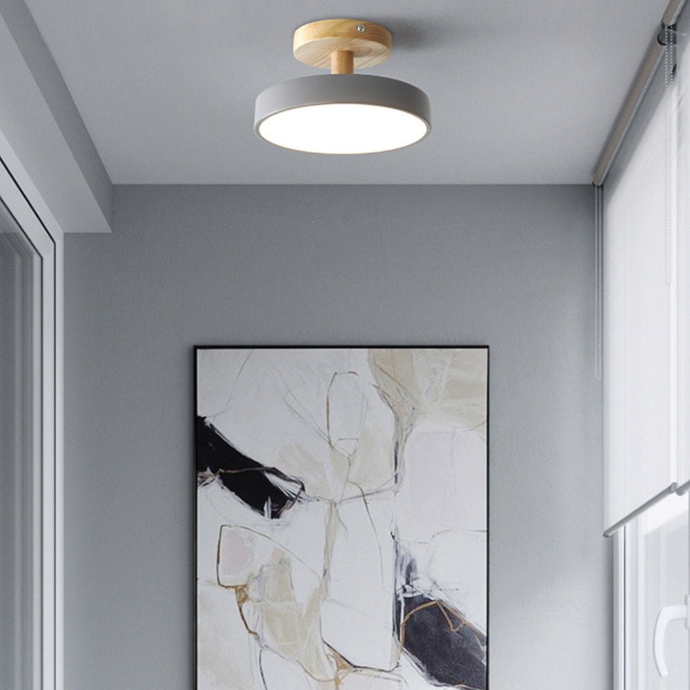 Wood Base Round LED Ceiling Light, Semi-Flush Mount, 12 Inches