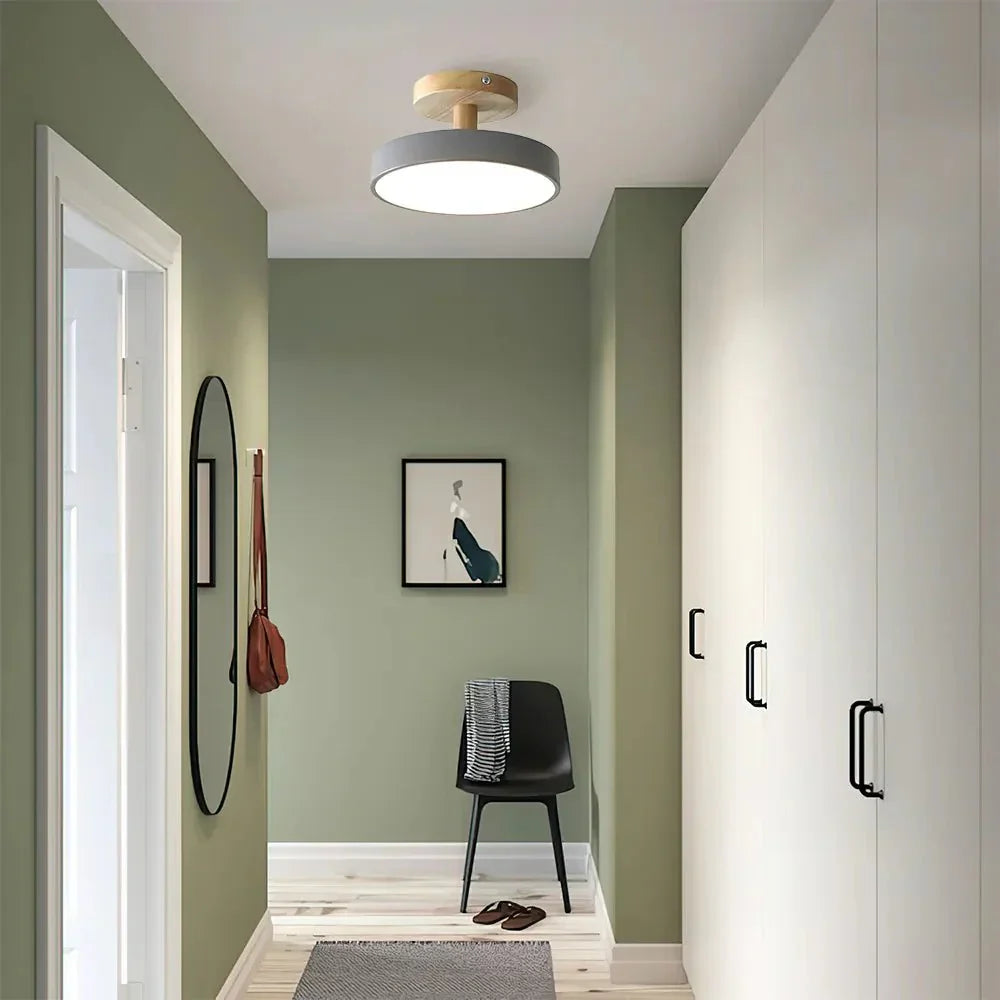 Wood Base Round LED Ceiling Light, Semi-Flush Mount, 12 Inches